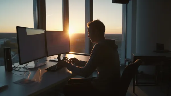 A software engineer tailoring a software solution in a comfortable setting, illuminated by the gentle light of a cozy sunset.